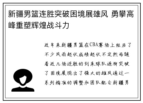 新疆男篮连胜突破困境展雄风 勇攀高峰重塑辉煌战斗力