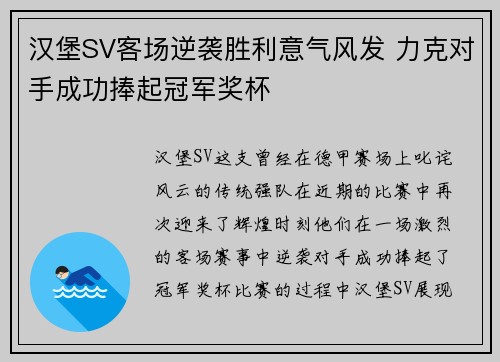 汉堡SV客场逆袭胜利意气风发 力克对手成功捧起冠军奖杯