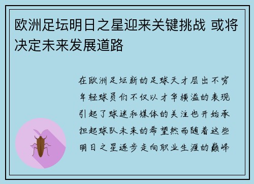 欧洲足坛明日之星迎来关键挑战 或将决定未来发展道路