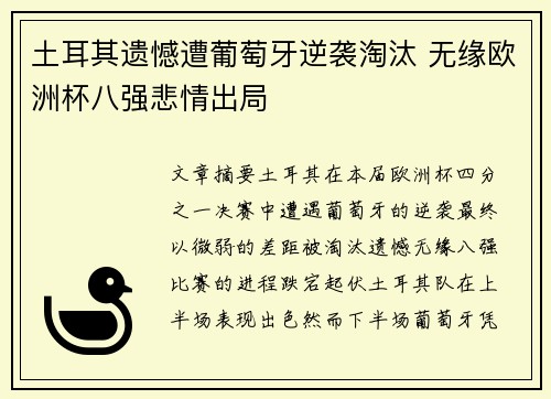 土耳其遗憾遭葡萄牙逆袭淘汰 无缘欧洲杯八强悲情出局