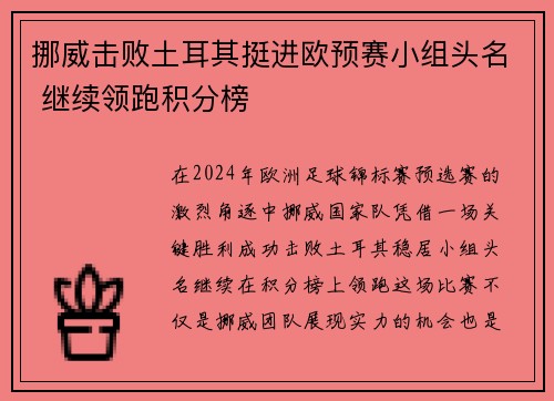 挪威击败土耳其挺进欧预赛小组头名 继续领跑积分榜