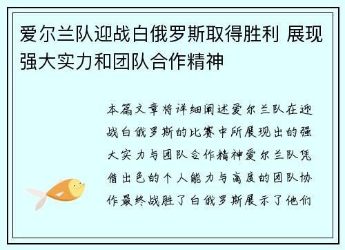 爱尔兰队迎战白俄罗斯取得胜利 展现强大实力和团队合作精神